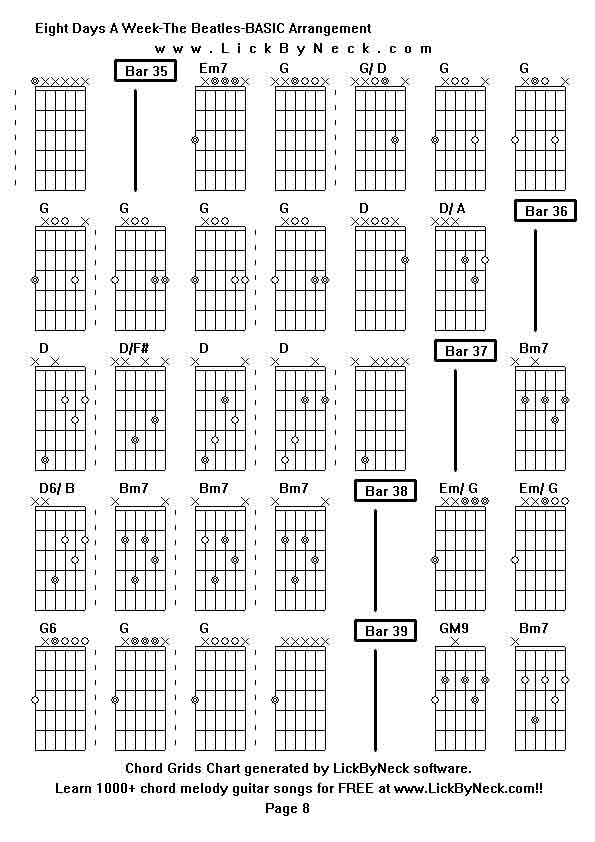 Chord Grids Chart of chord melody fingerstyle guitar song-Eight Days A Week-The Beatles-BASIC Arrangement,generated by LickByNeck software.